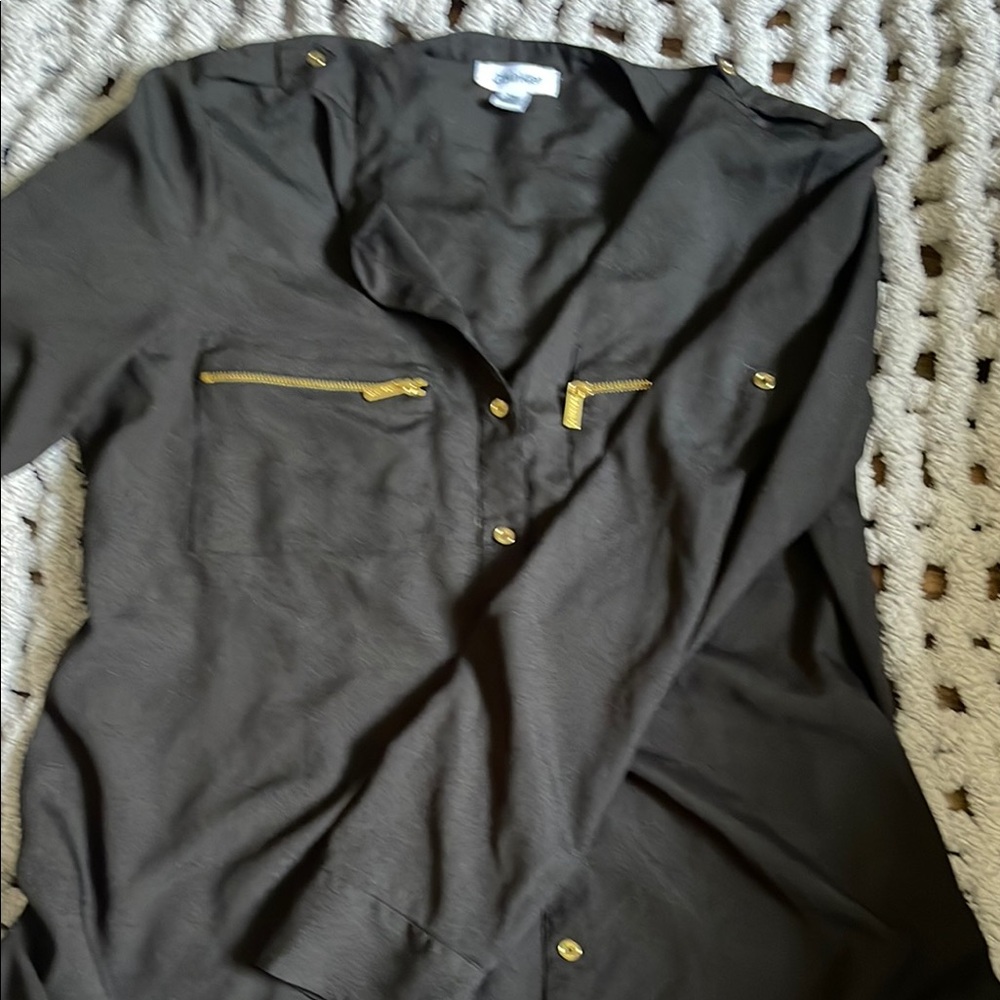 Calvin Klein Black and Gold Blouse with V-Neck and Zipper Detail